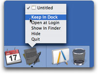 TextEdit icon menu showing Keep in Dock being selected.